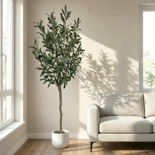 Artificial Olive Tree with Planter, Realistic Faux Silk Plant with Wood Trunk & Lifelike Fruits, Tall Fake Potted Olive Tree for Home Office Living Room Decor