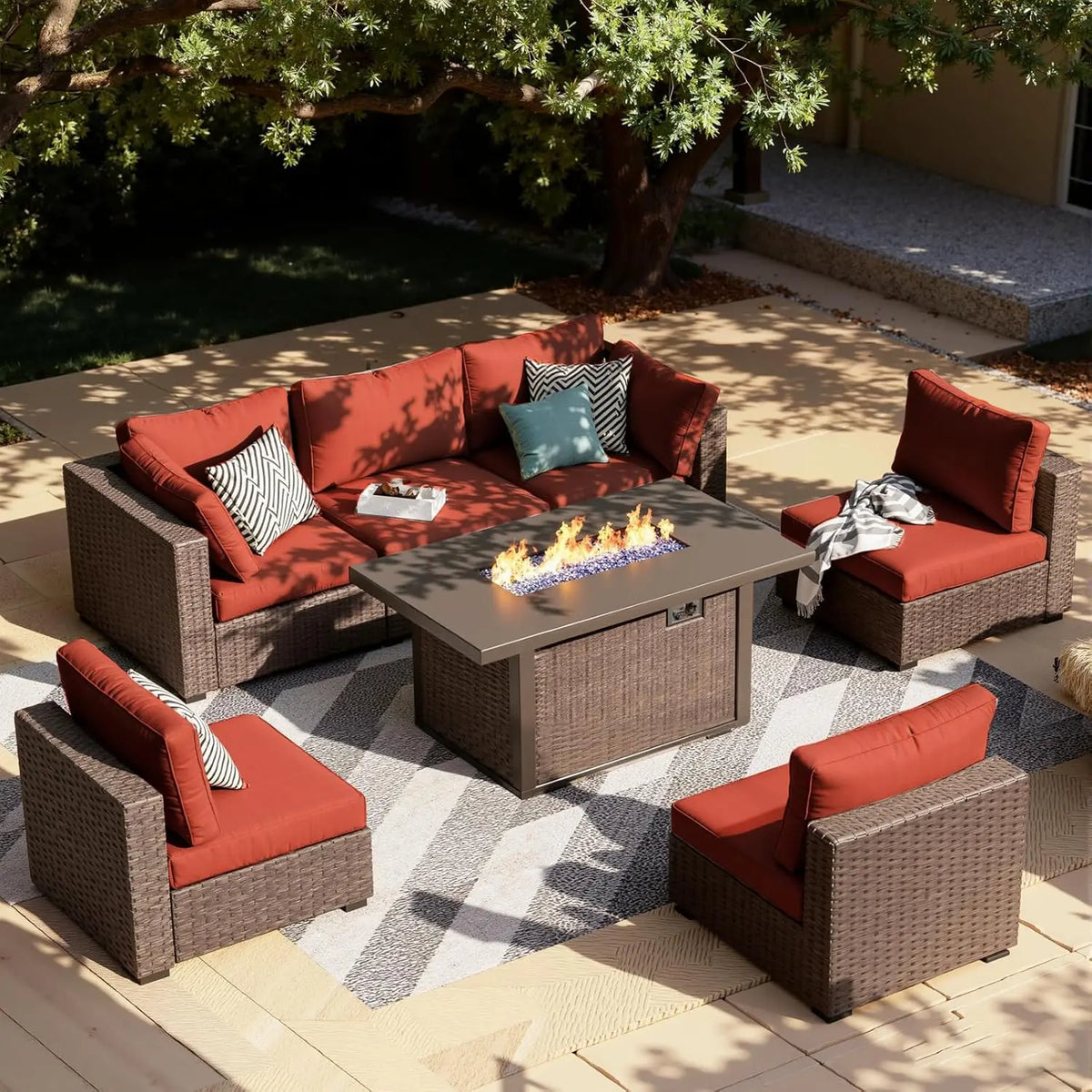 Xiaolang Seven Piece Outdoor Sectional Sofa With Fire Pit Table