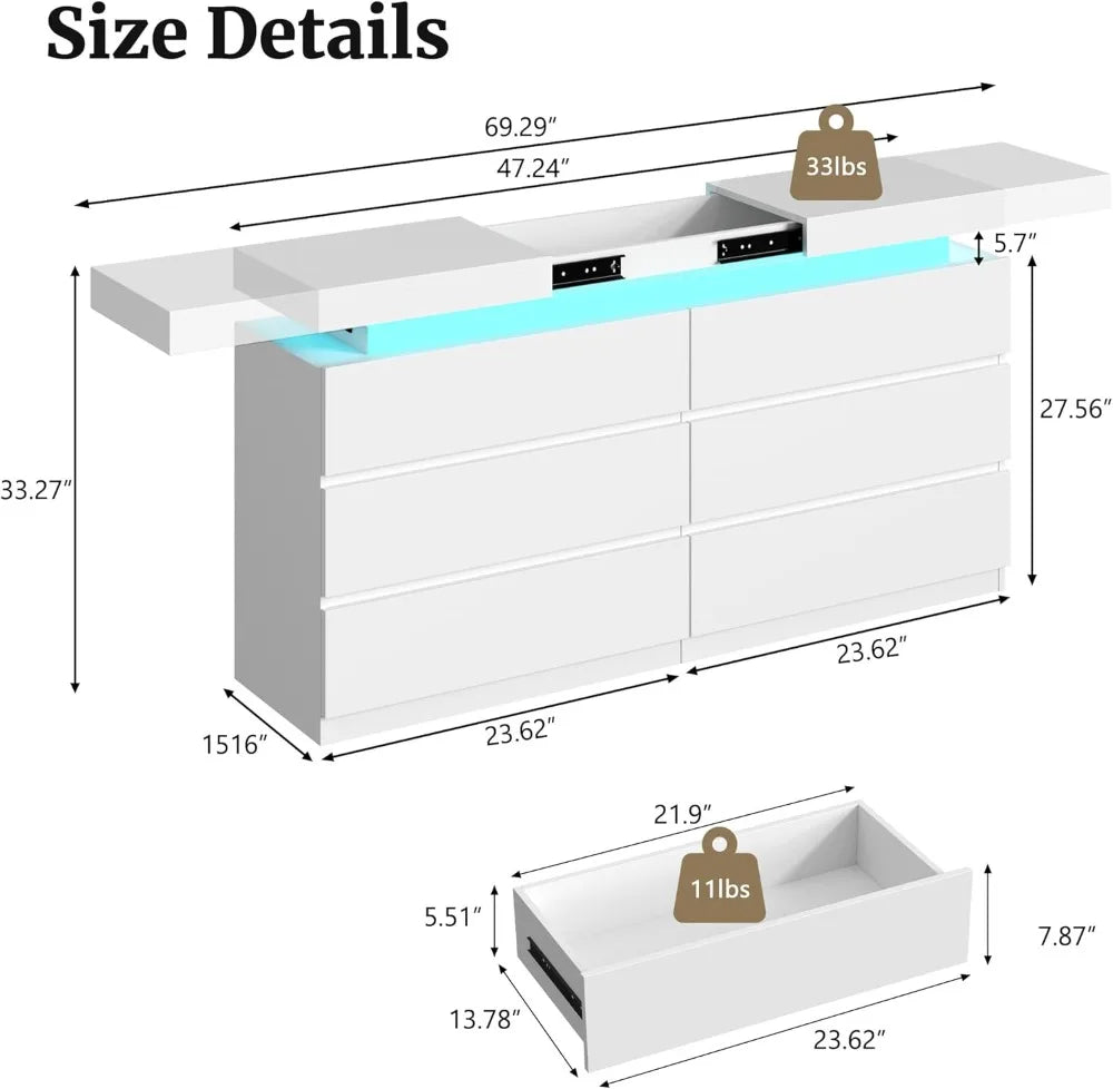 Led 6 Drawer Bedroom Dresser Featuring Charging Station