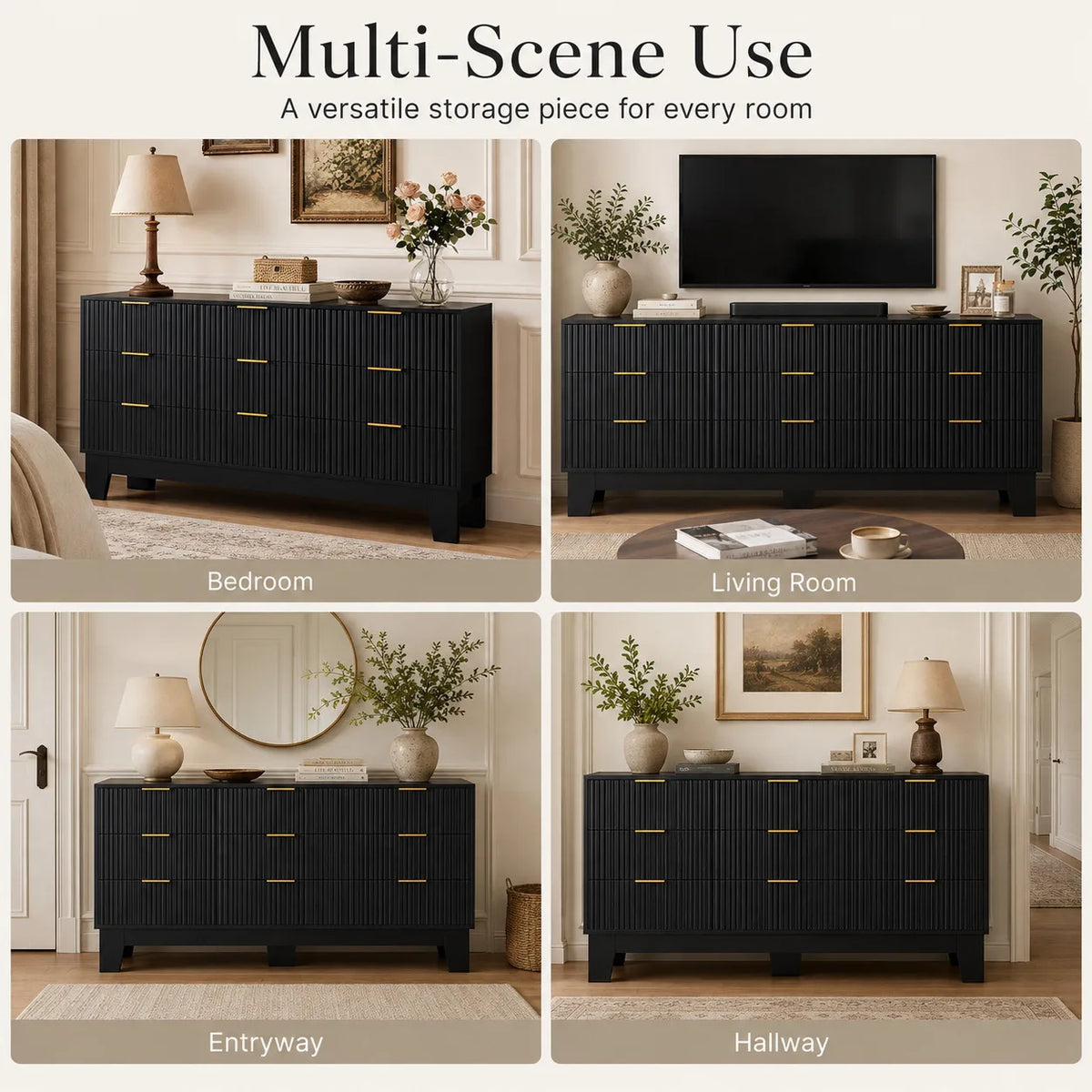 Modern Fluted Wood Nine Drawer Dresser With Storage Cabinet