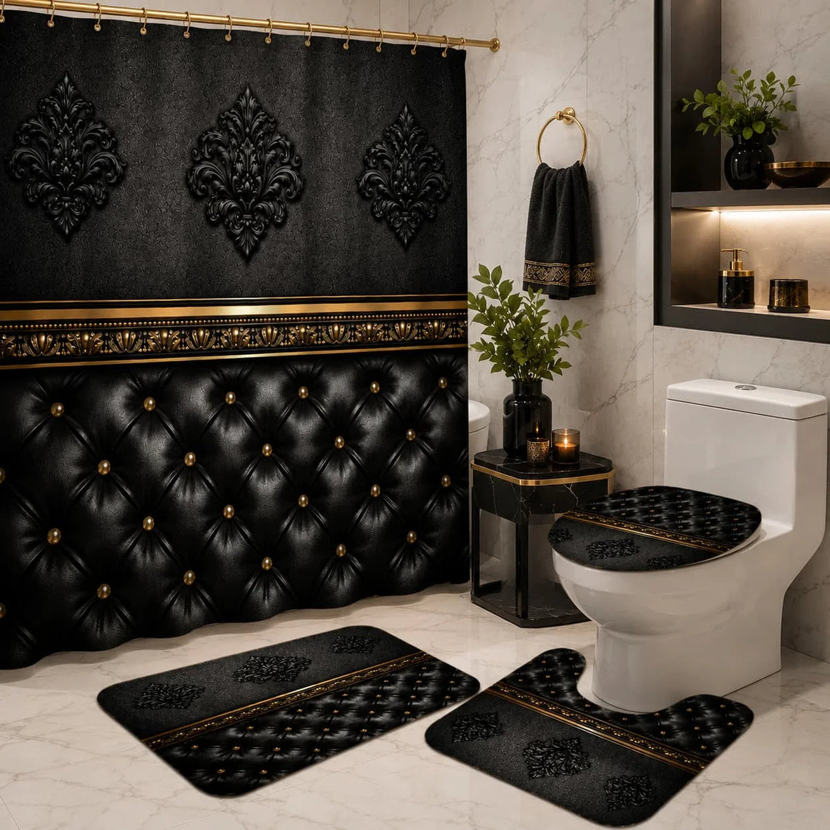 Baroque Shower Curtain Set with Bath Mats and Toilet Covers