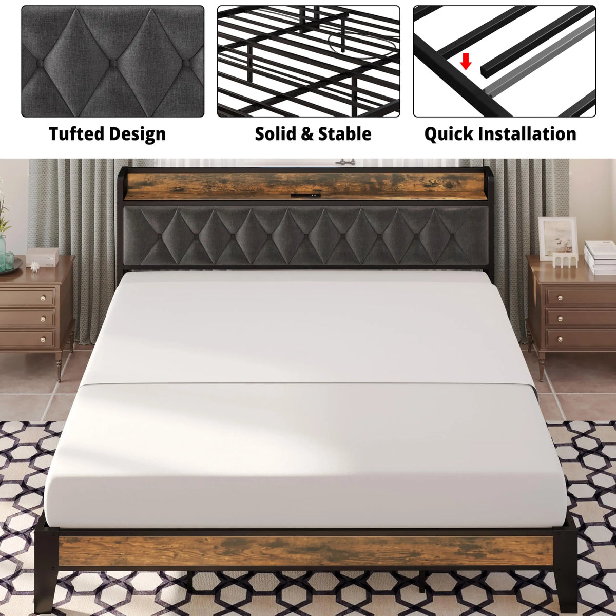 ANCTOR Modern Bed Frame With Storage Headboard Built In Outlets