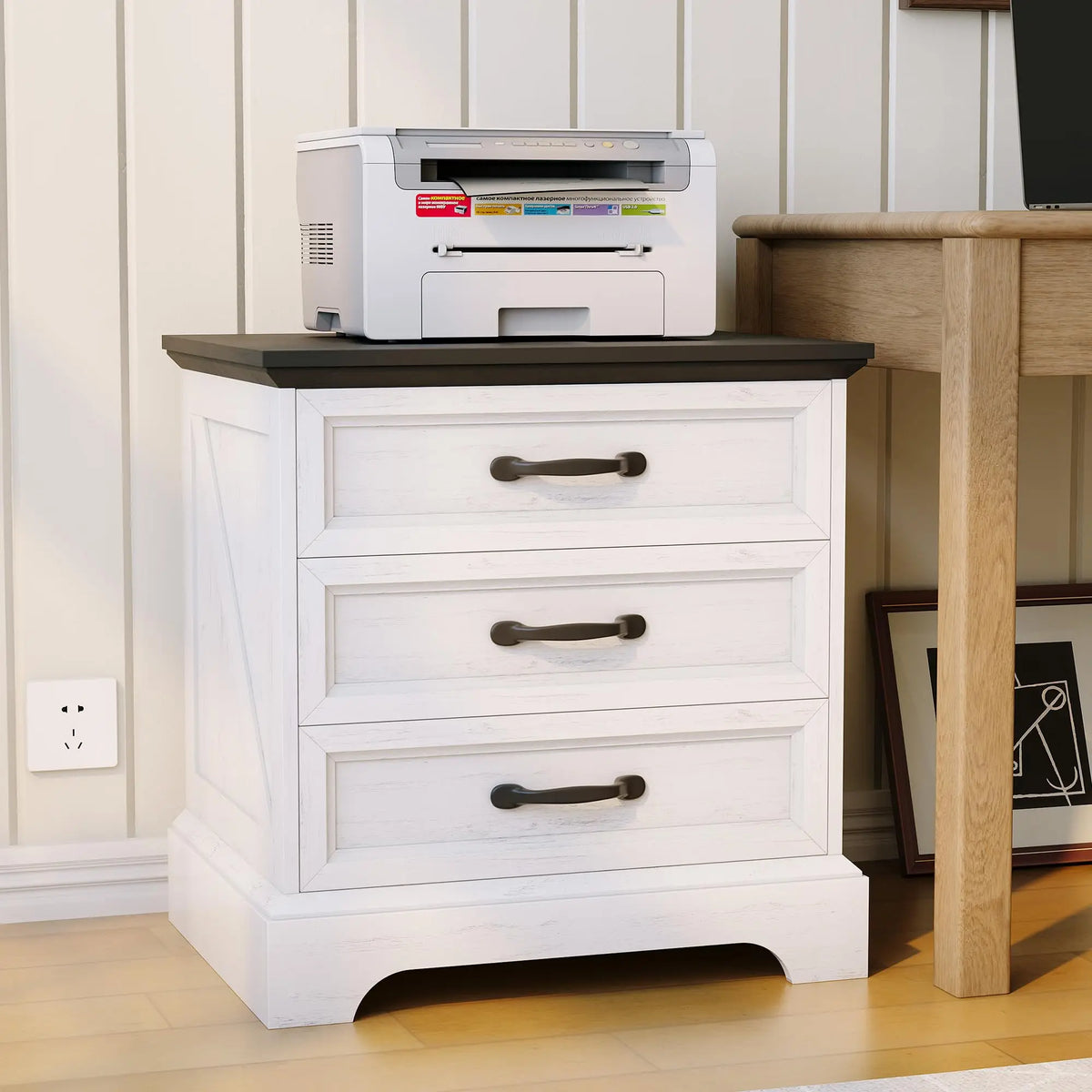 Modern Farmhouse Wood Nightstand With Charging Station And Three Drawers