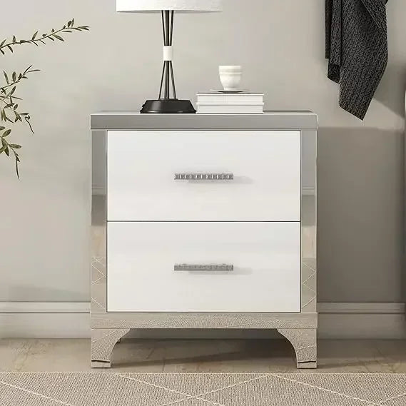 Modern Mirrored Nightstand With 2 Drawers And Metal Handles