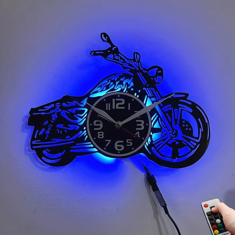 Motorcycle-Themed Wall Clock Featuring Silent Sweep Movement And Seven Color Night Light, Perfect for a 'S Room, for Man Cave, O