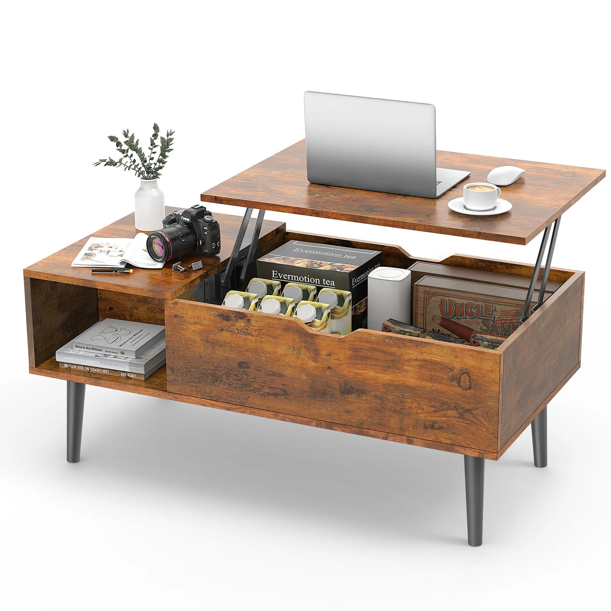 Jhk Wood Lift Top Coffee Table With Adjustable Storage Shelf