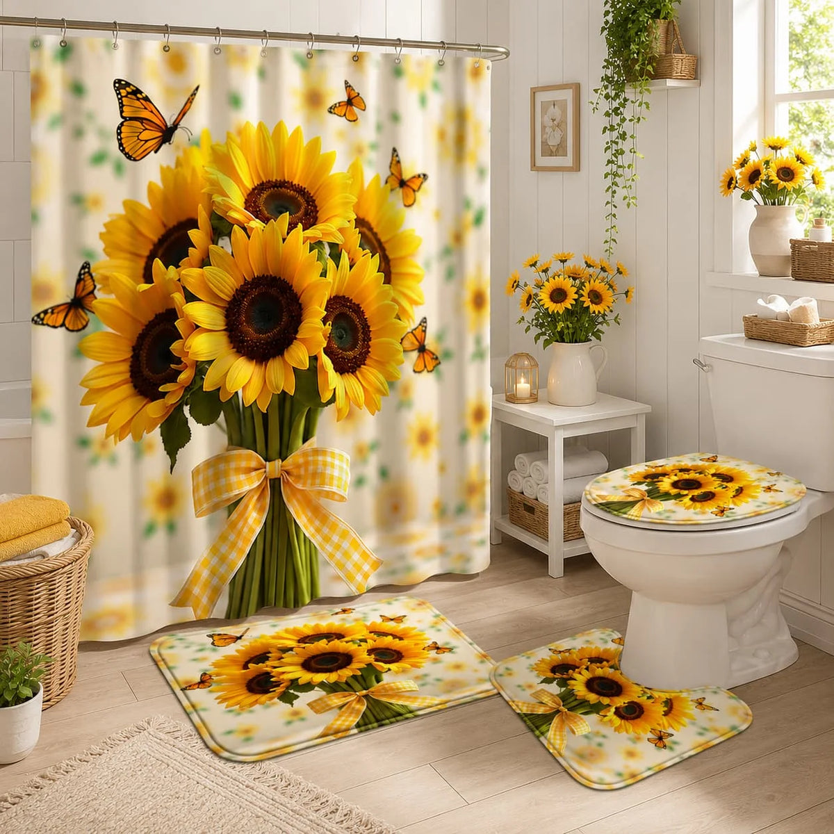 Sunflower Butterfly Shower Curtain Set With Hooks And Bathroom Mats