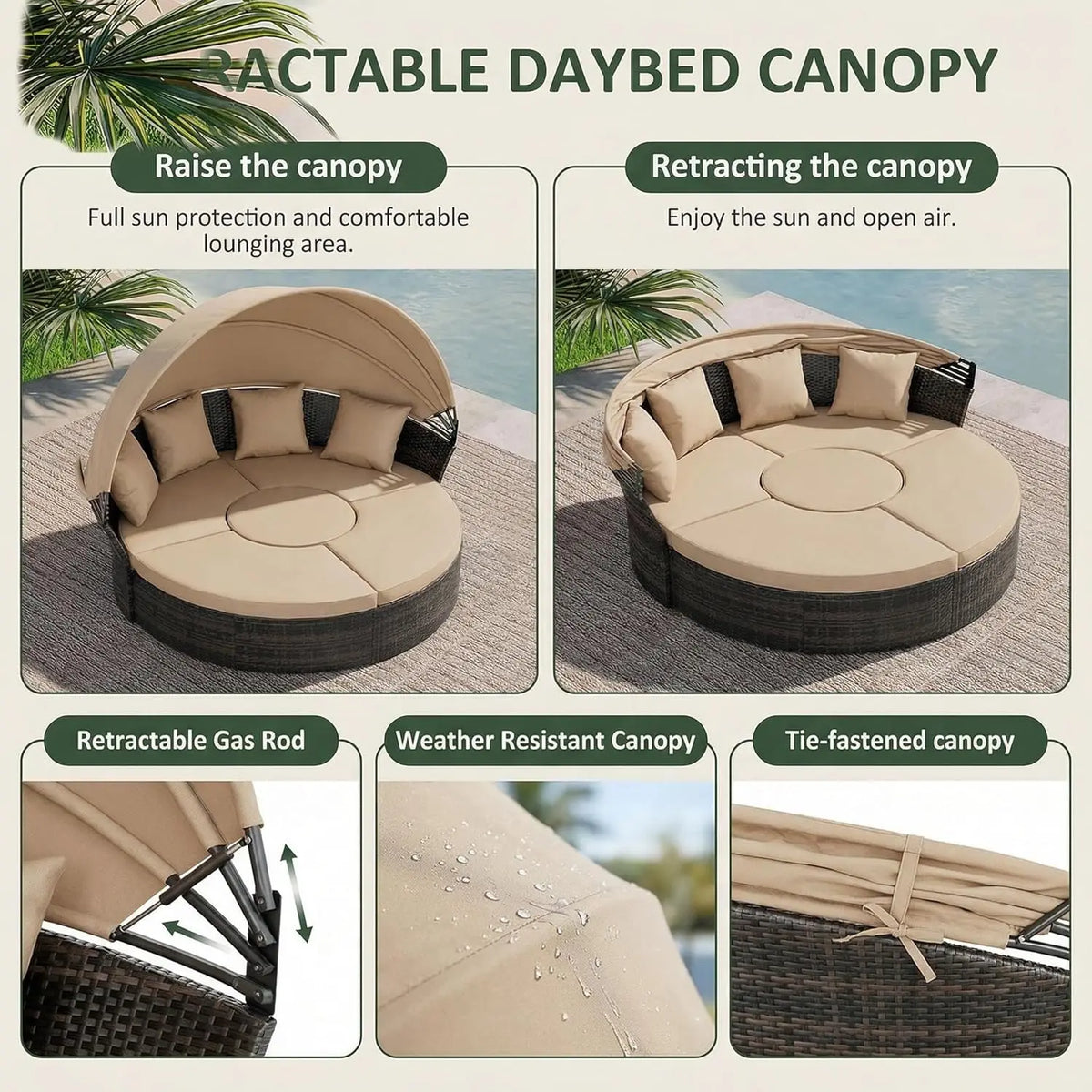 Outdoor Patio Daybed Retractable Canopy Wicker Rattan Sectional Round Sofa