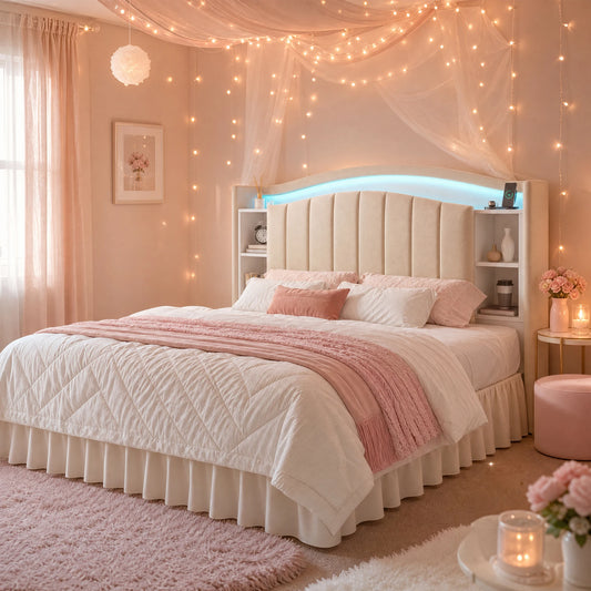 EnHomee Platform Bed Frame With Bookcase Headboard LED Charging Station