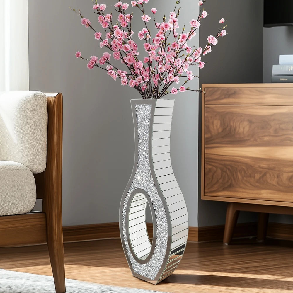 Tall Mirrored Glass Floor Vase Decorative Crush Diamond Design