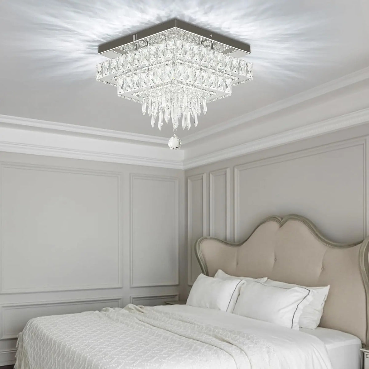 FRIXCHUR Dimmable Crystal Flush Mount Ceiling Chandelier With Remote Control