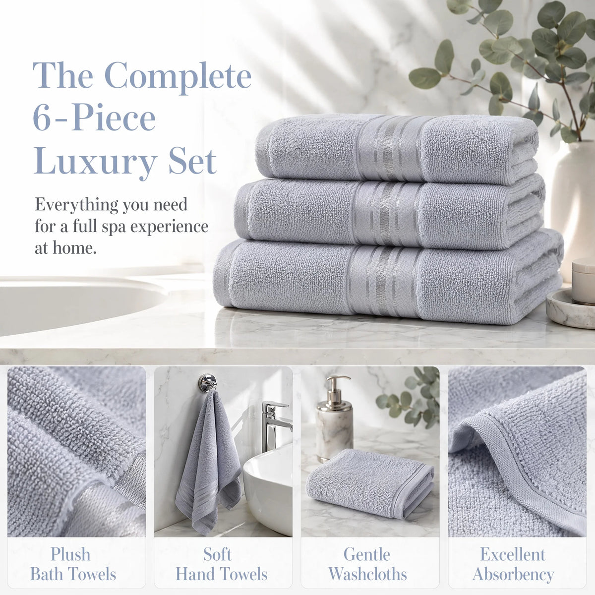 Luxury 6 Piece Cotton Turkish Towel Set For Bathroom
