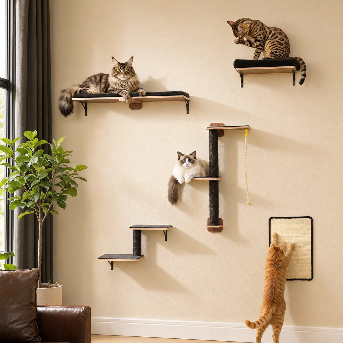 PAWZ Road Wooden Cat Climbing Wall Shelves Sisal Scraper Rope