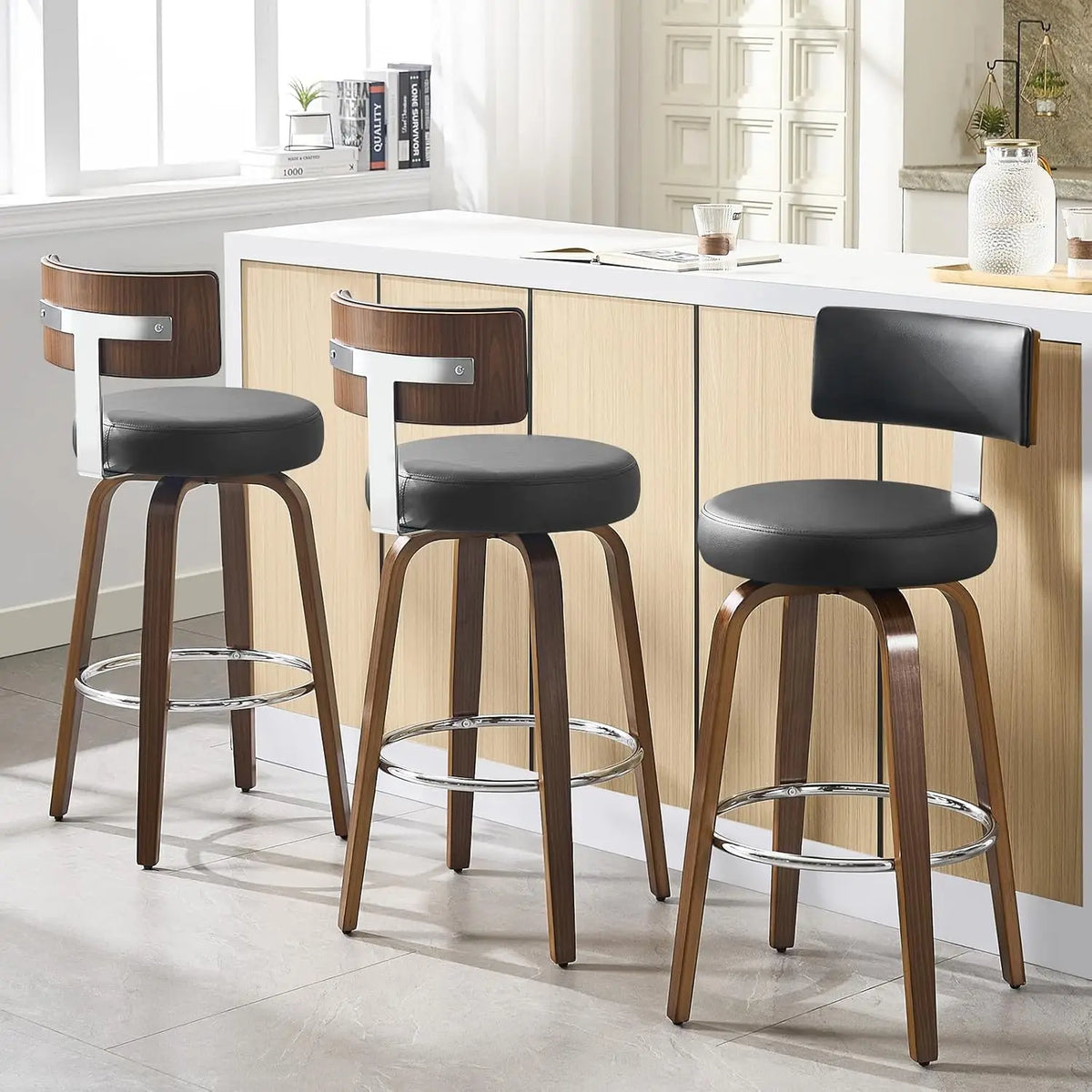 Elegant Kitchen Bar Stools With Leather Cushions And Wood Frames