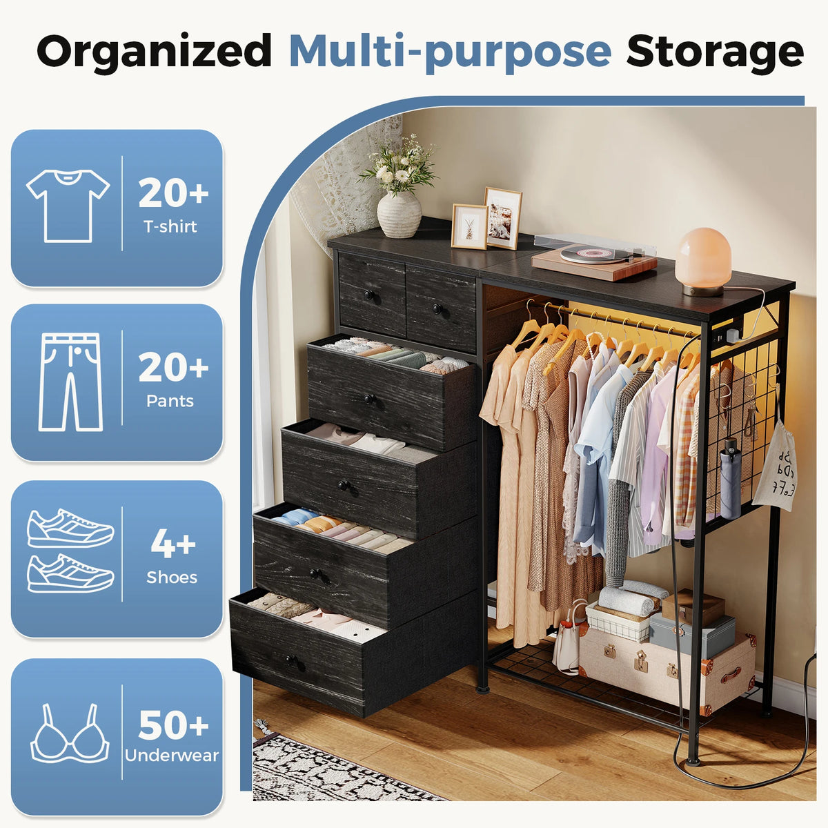JHK Fabric Dresser With Hanging Rack And Charging Station Storage
