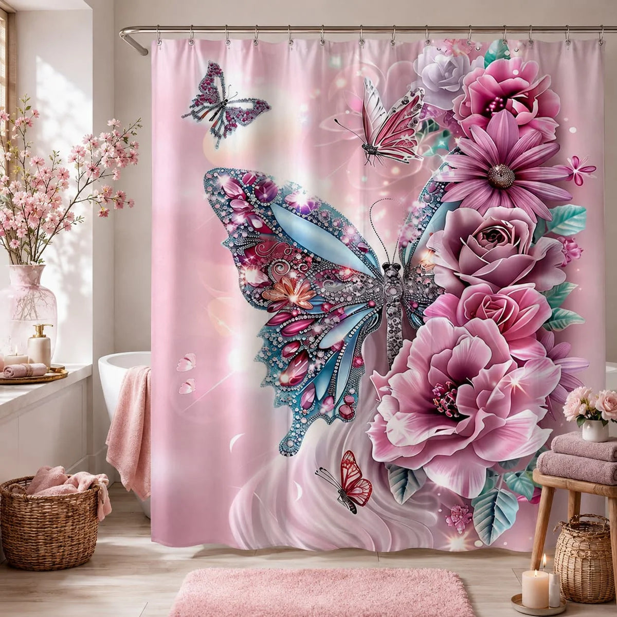Floral Butterfly Shower Curtain with Hooks for Bathroom Decor
