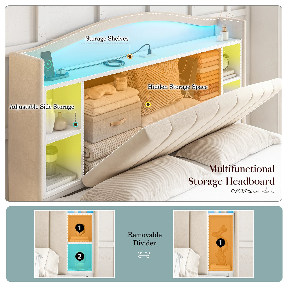 EnHomee Platform Bed Frame With Bookcase Headboard LED Charging Station