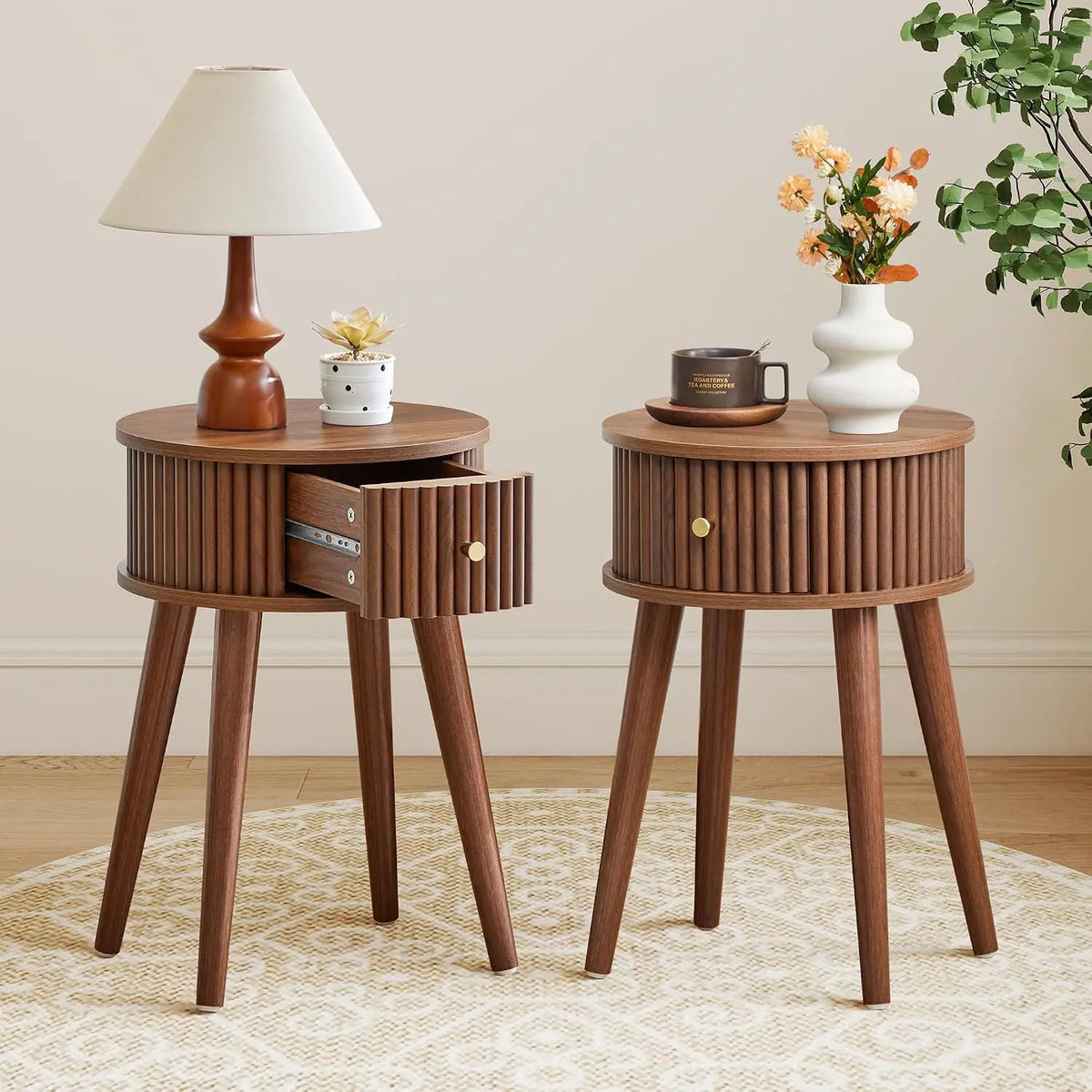 Mid Century Modern Round Fluted Side Table Set With Drawer