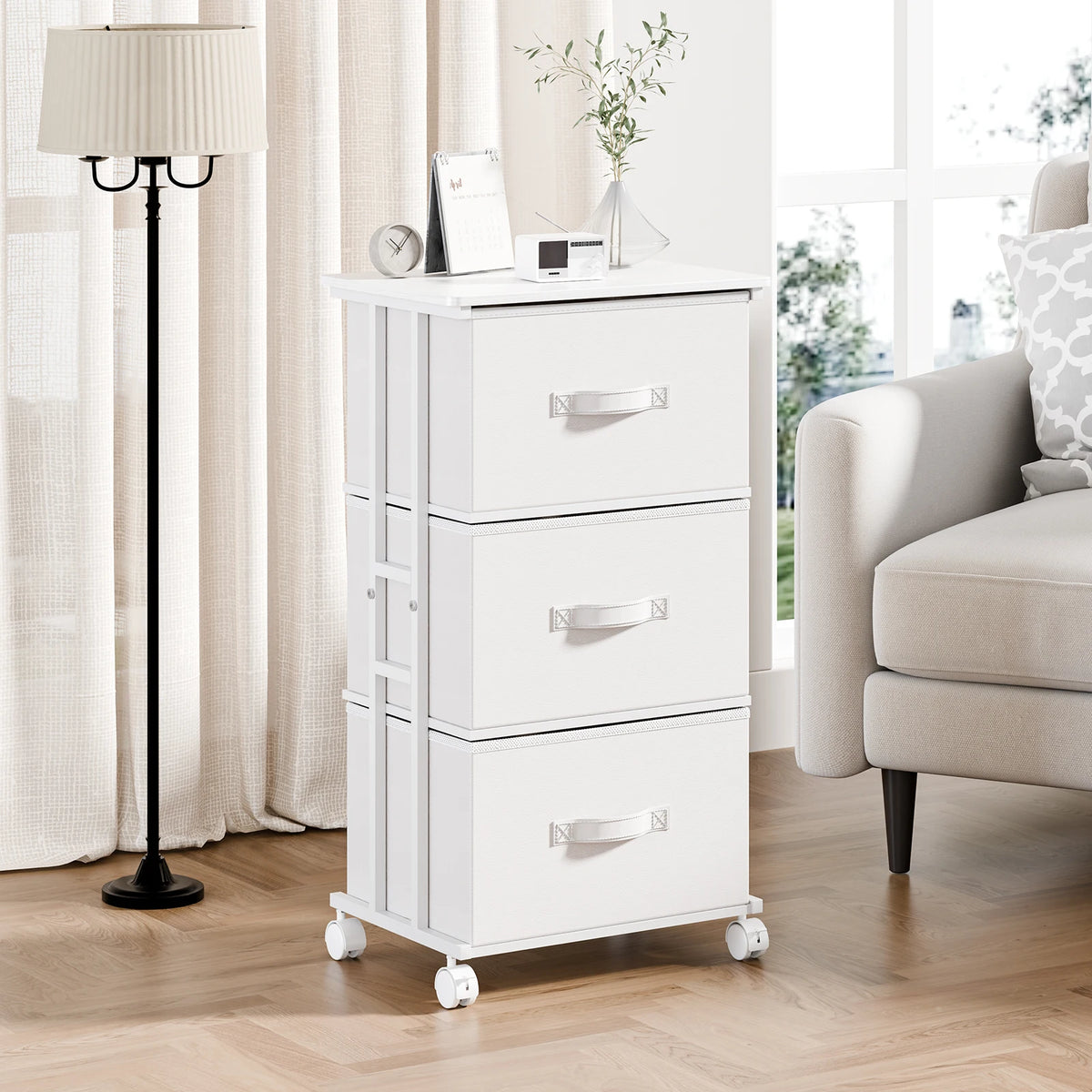 JHK 3 Drawer Rolling Fabric Dresser Cabinet