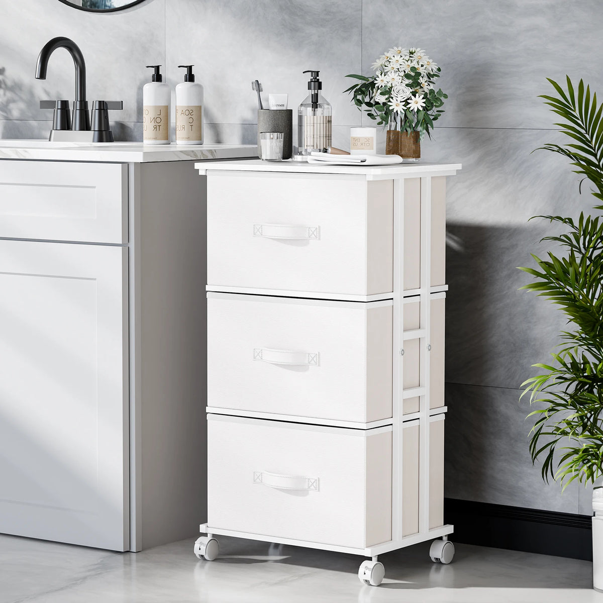 JHK 3 Drawer Rolling Fabric Dresser Cabinet