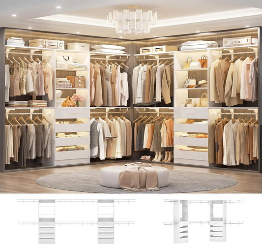 Closet System with Drawers Set of 2, Wood Closet Organizer System with 8 Hanging Rods & Top Shelves, Walk-in, Customized