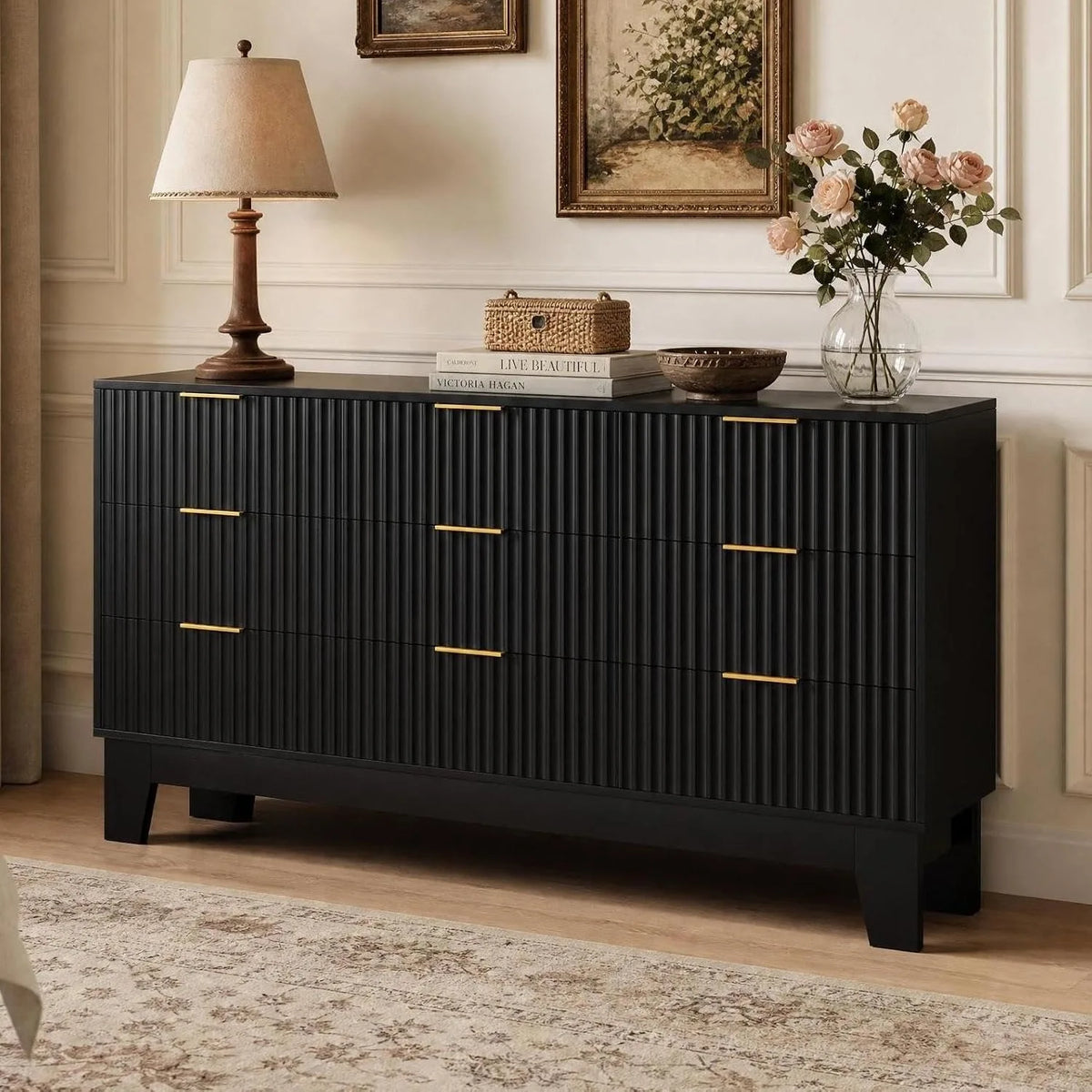 Modern Fluted Wood Nine Drawer Dresser With Storage Cabinet