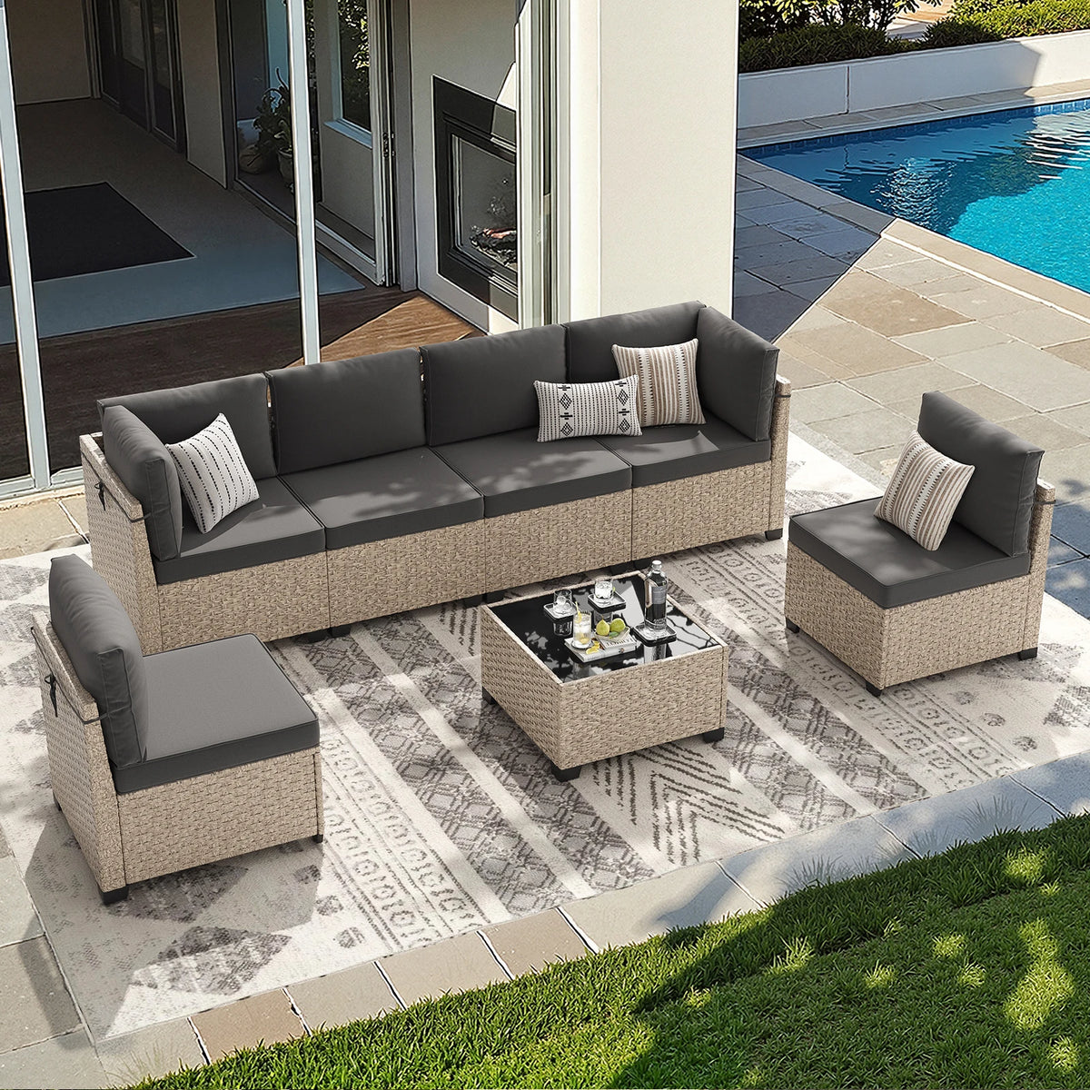 Outdoor Rattan Patio Furniture Set With Tempered Glass Table