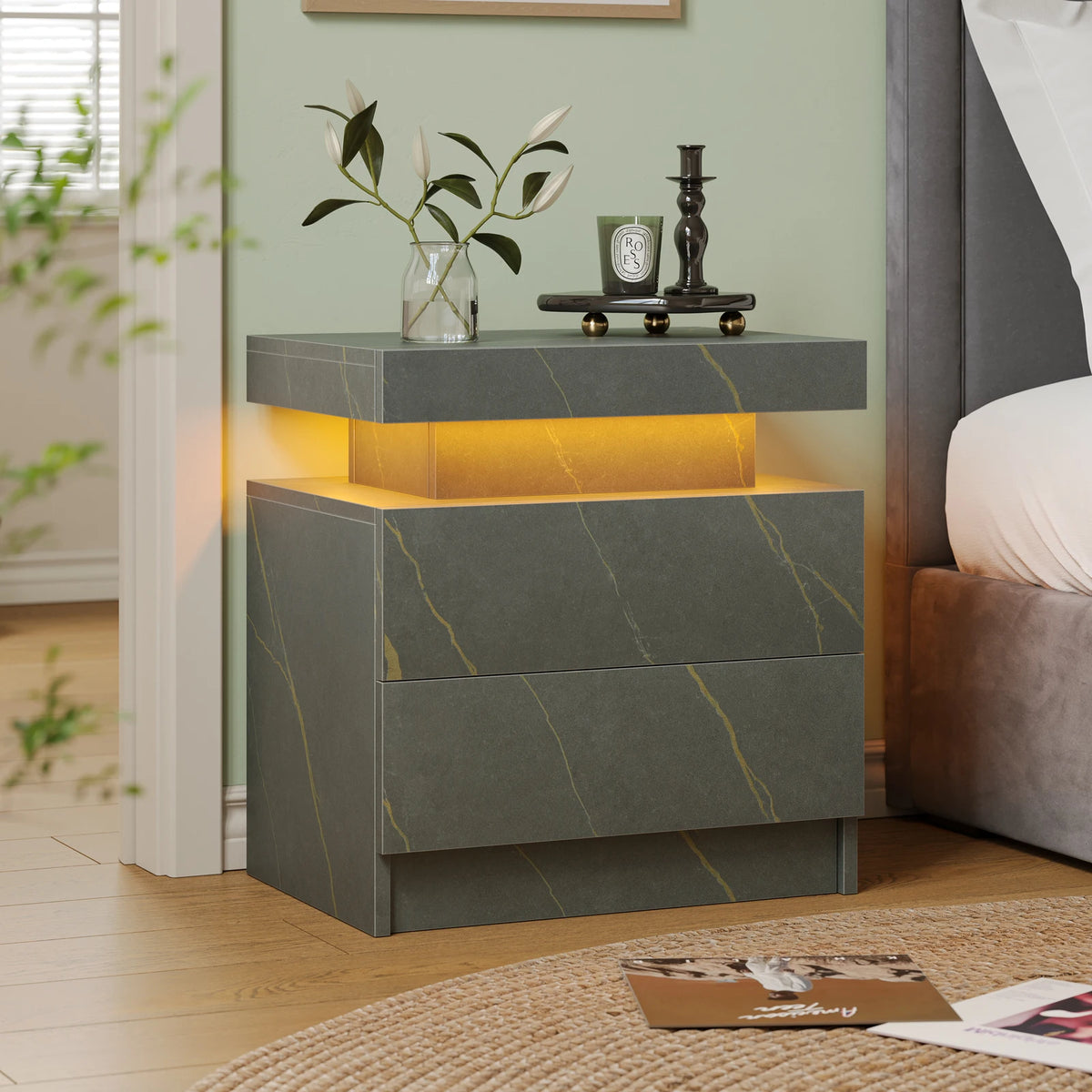 Cubehom LED Nightstand With Two Drawers And Adjustable RGB Lights