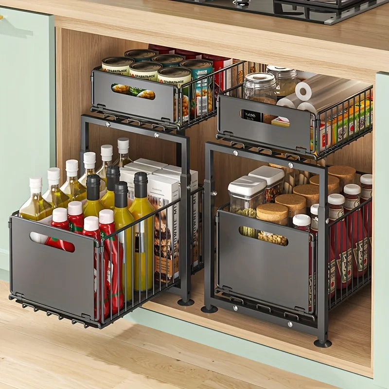 Aehome Heavy Duty Adjust 2 Tier Slide Out Under Sink Organizer Metal Kitchen Storage Shelf