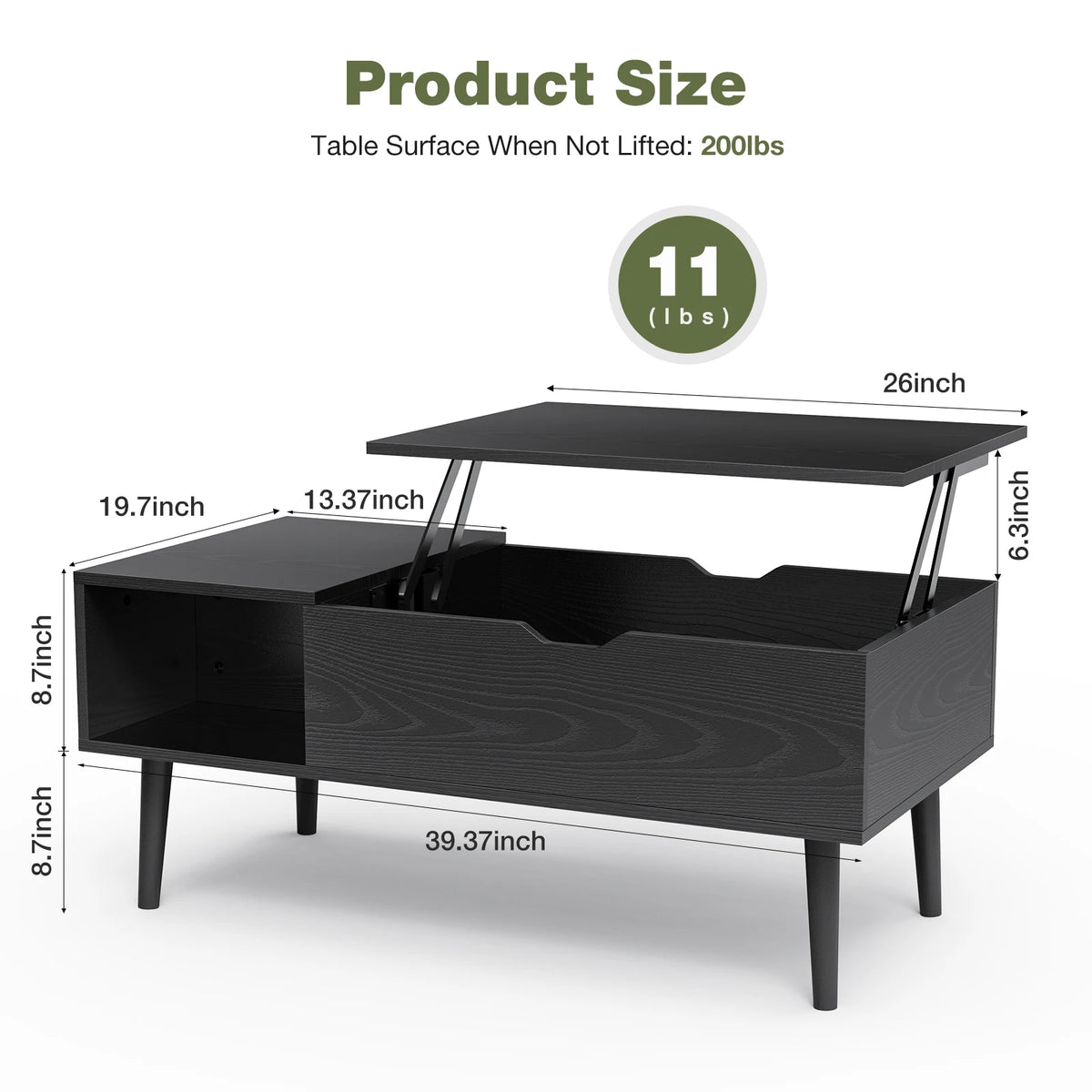 Jhk Wood Lift Top Coffee Table With Adjustable Storage Shelf