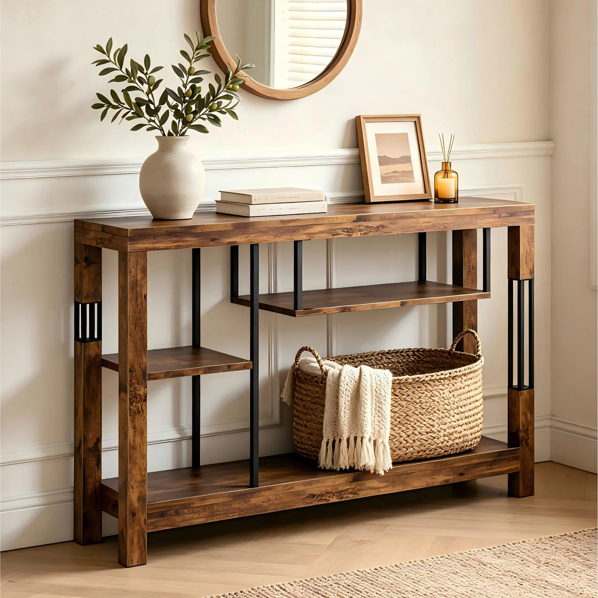 HiMISS Industrial Wood Console Table With Metal Frame