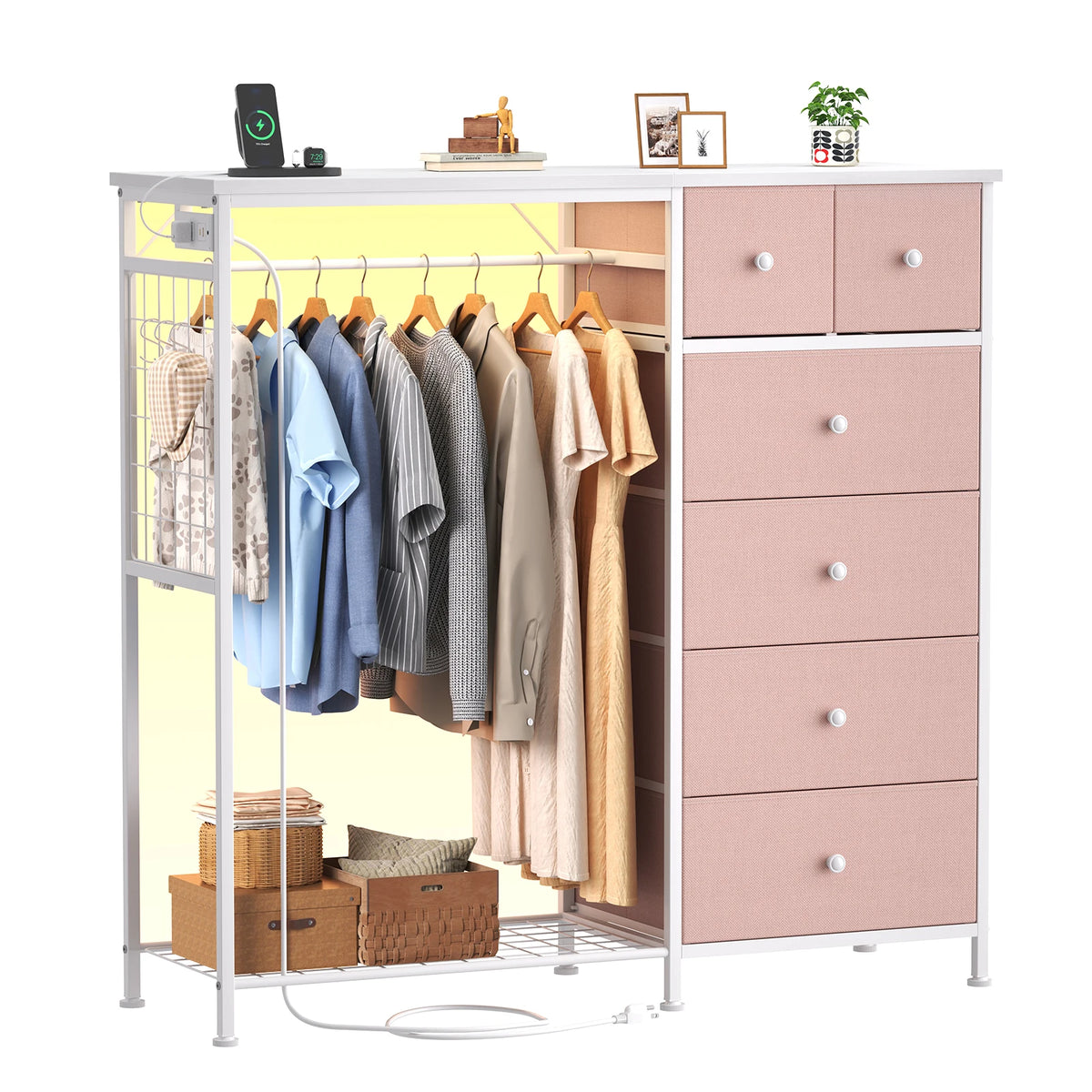 Jhk 6 Drawer Fabric Dresser Hanging Rack Charging Station