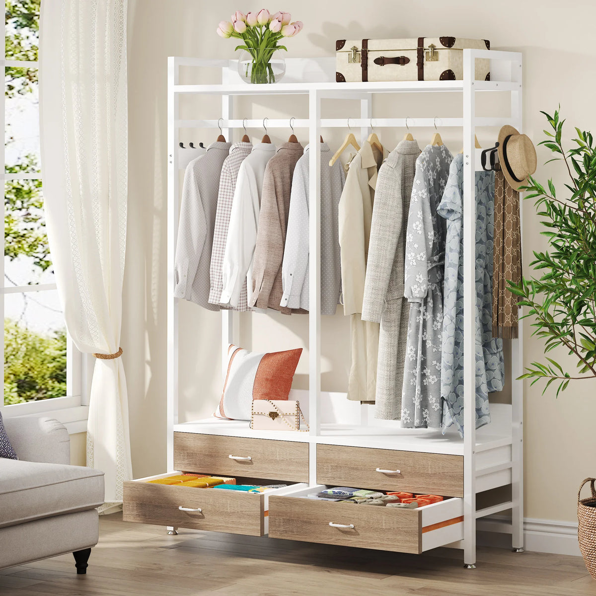 Tribesigns Freestanding Closet Organizer With Drawers And Hooks