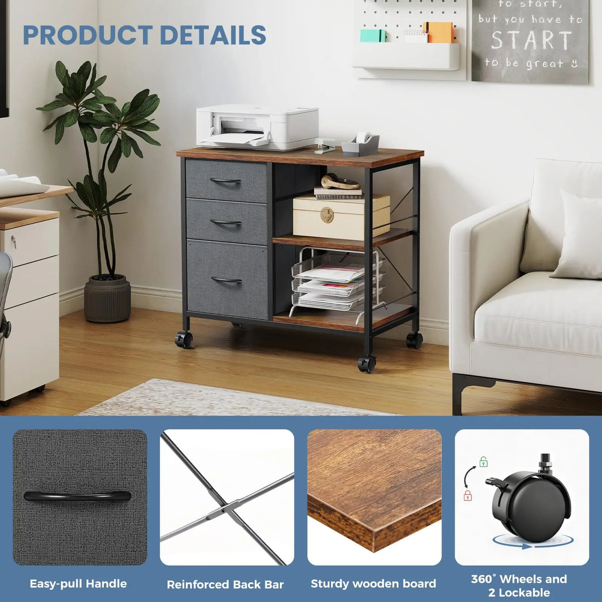 JHK 3 Drawer Mobile Fabric Wardrobe With Steel Frame