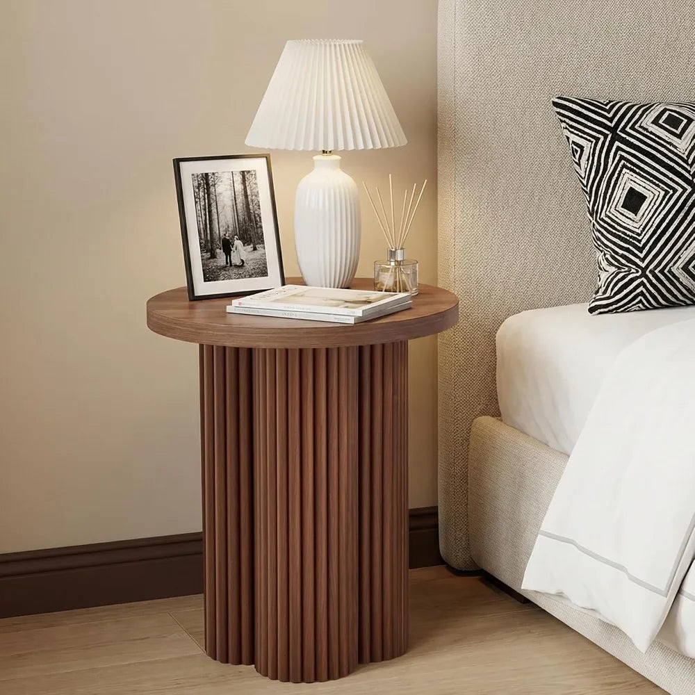 Mid Century Modern Solid Wood Round Fluted End Table
