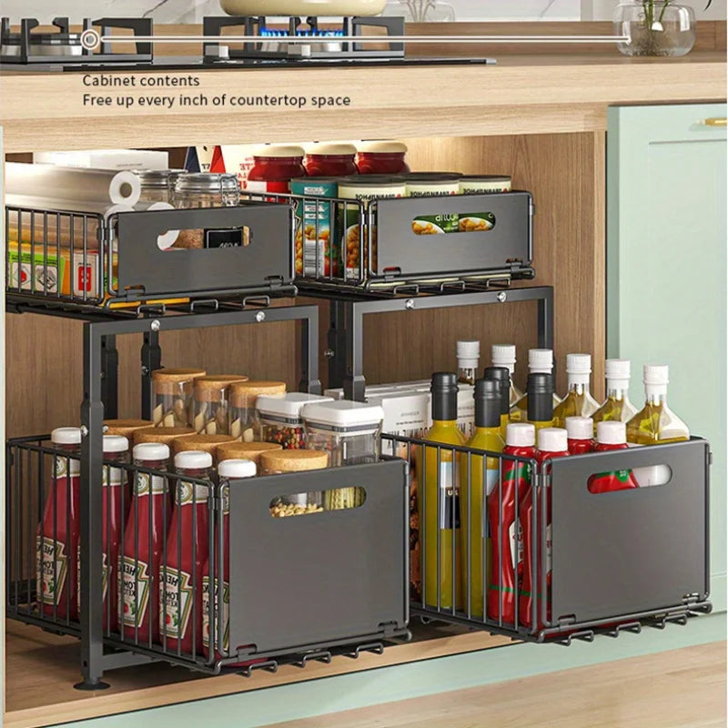 Aehome Heavy Duty Adjust 2 Tier Slide Out Under Sink Organizer Metal Kitchen Storage Shelf