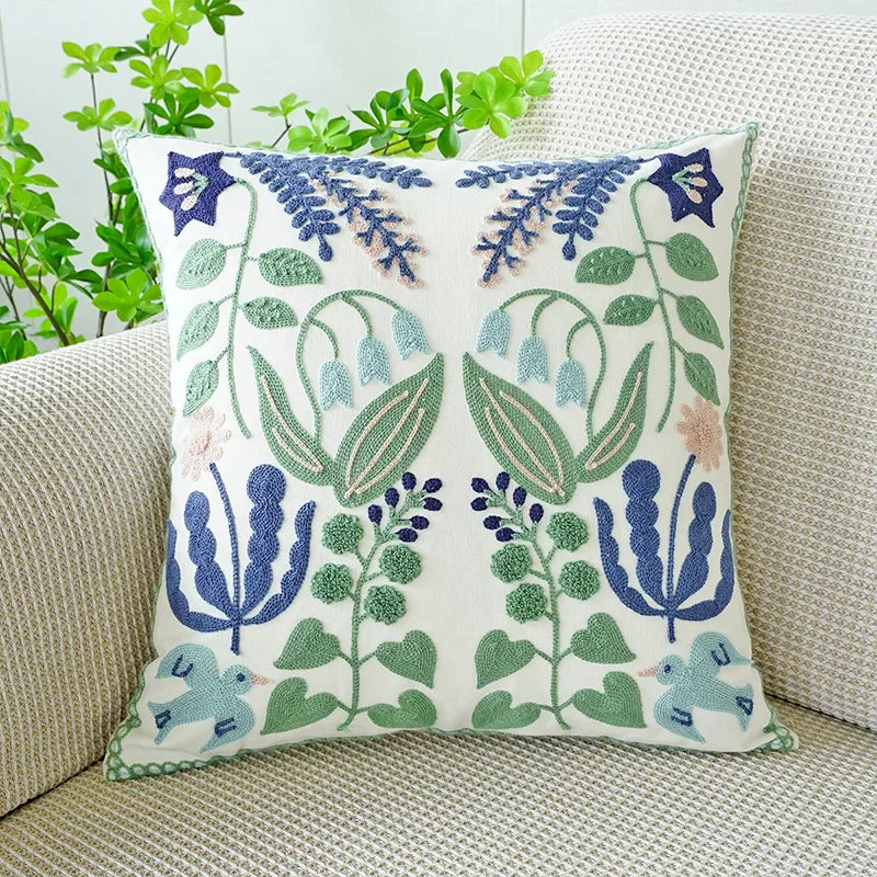 Floral Embroidered Cotton Blend Nordic Style Pillow Cover For Sofa