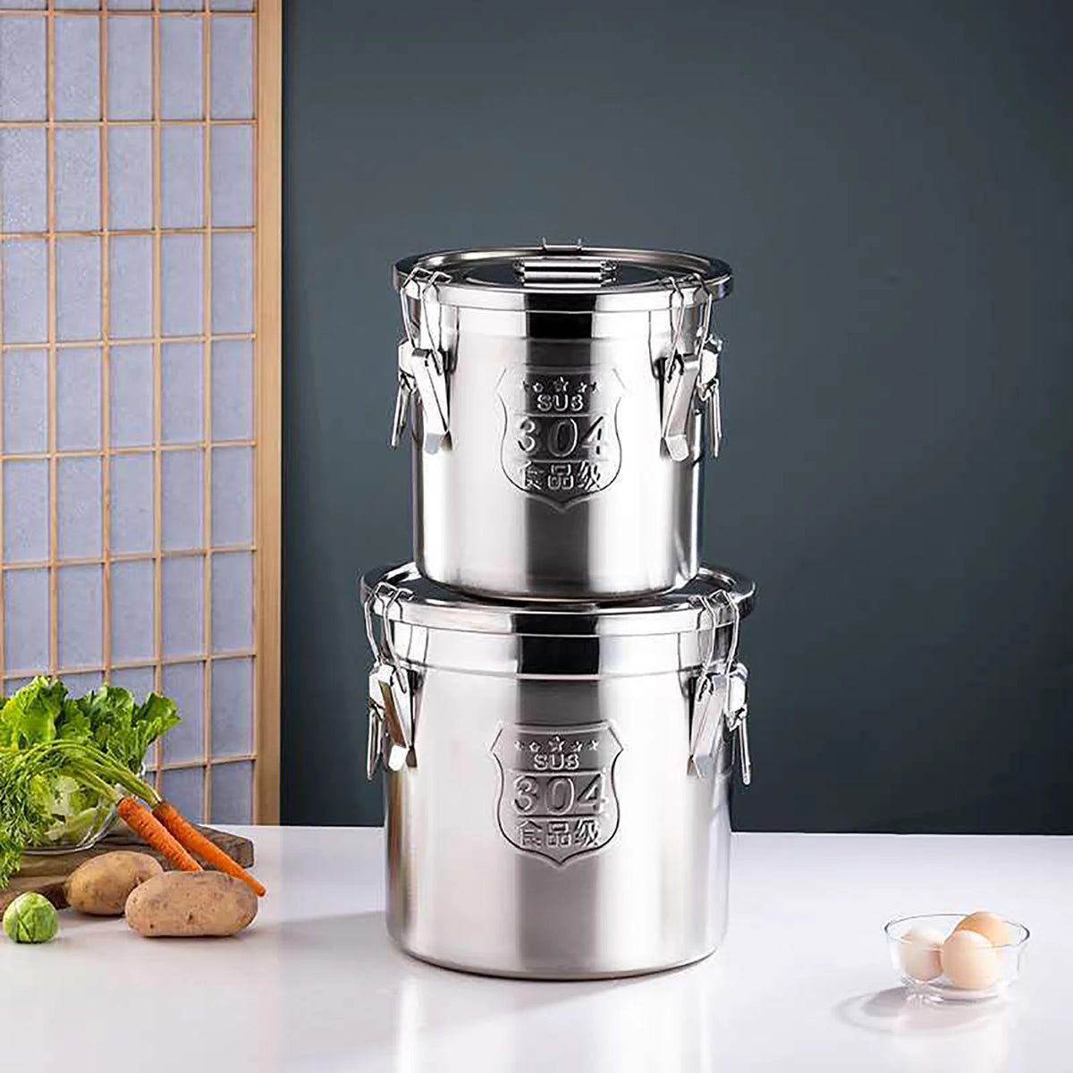 6L/12L Stainless Steel Cereal Container Kitchen Rice Oil Storage Bucket Airtight Canister with Locking Clamp for Rice Flour Milk