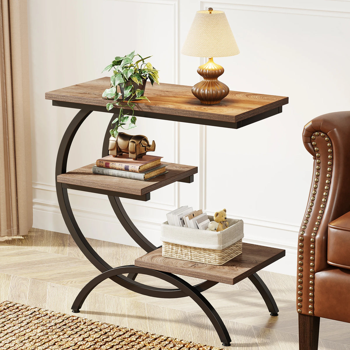 Tribesigns Industrial C Shape End Table Three Tier Storage Shelves