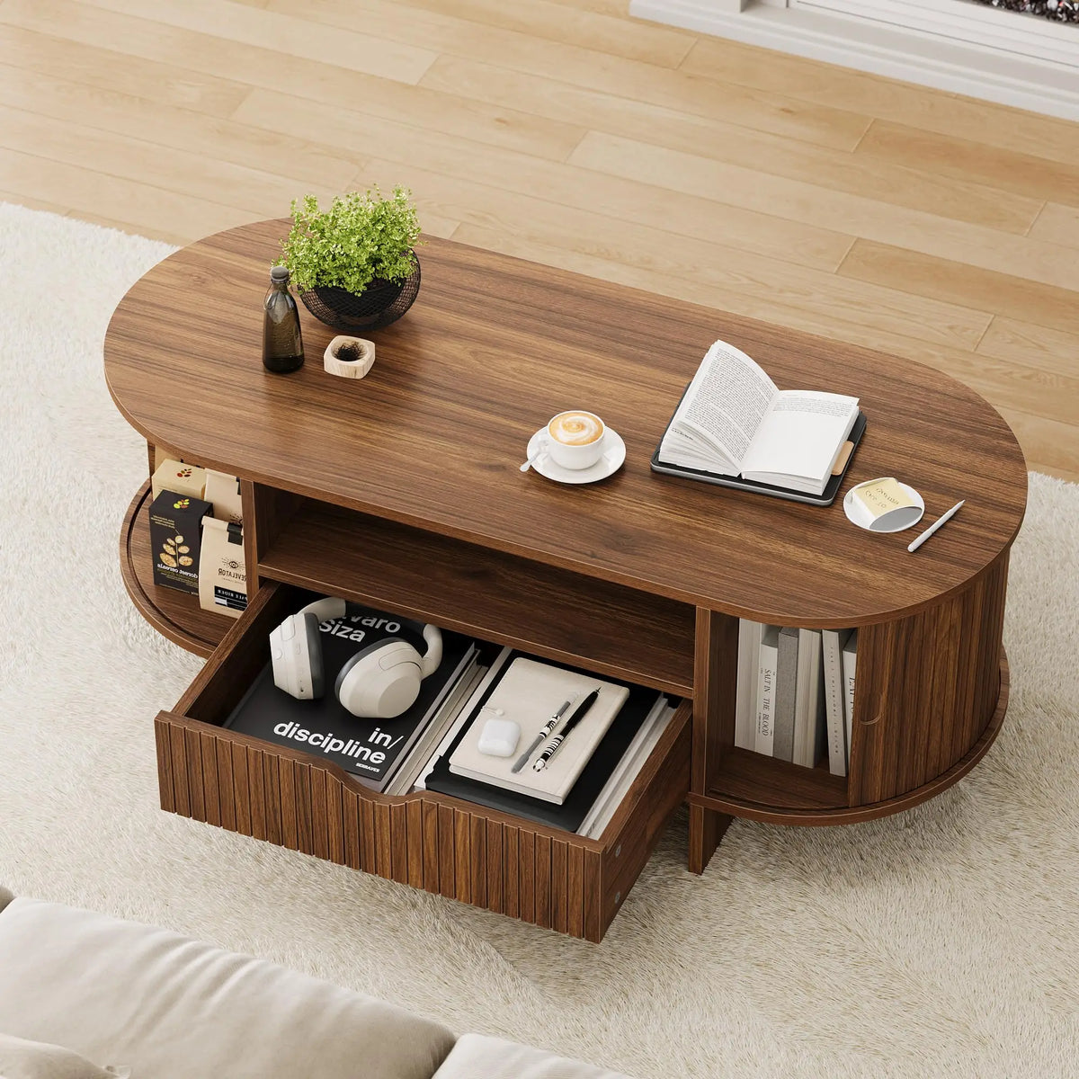 HiMiss Modern Fluted Wood Oval Coffee Table With Storage
