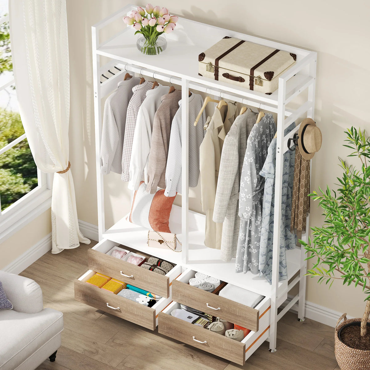 Tribesigns Freestanding Closet Organizer With Drawers And Hooks
