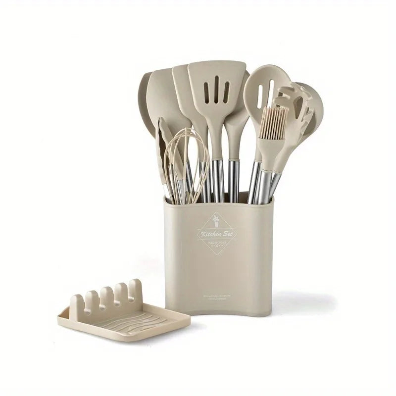 Heat Resistant Silicone Cooking Utensil Set With Stainless Steel Handles