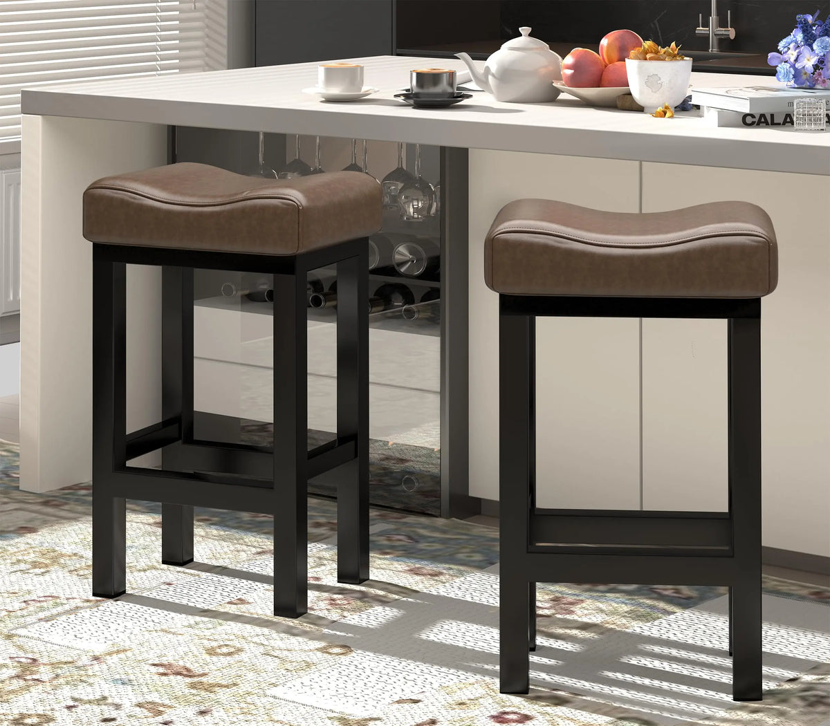 Thick Faux Leather Counter Height Bar Stools With Metal Frame