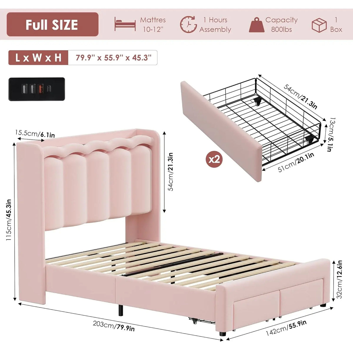 Full LED Bed Frame with USB Charging & 2 Drawers, Velvet Wingback Headboard, No Box Spring, Customized