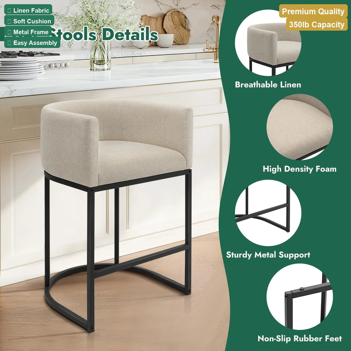 Counter Height Metal Linen Upholstered Low Back Bar Stools