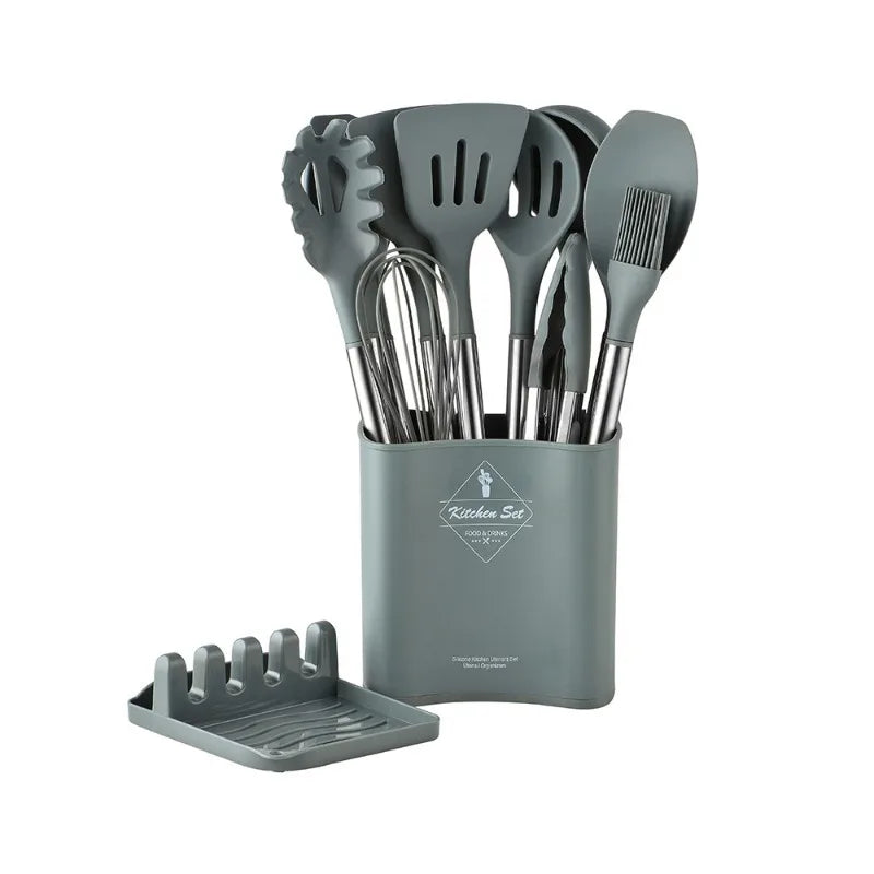 Heat Resistant Silicone Cooking Utensil Set With Stainless Steel Handles