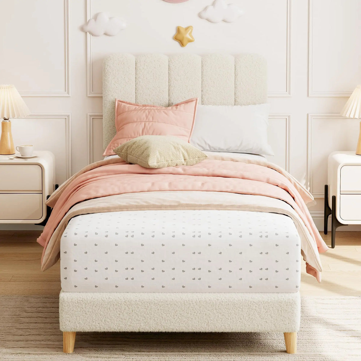 Modern Upholstered Platform Bed With Wave Headboard And Wooden Slats