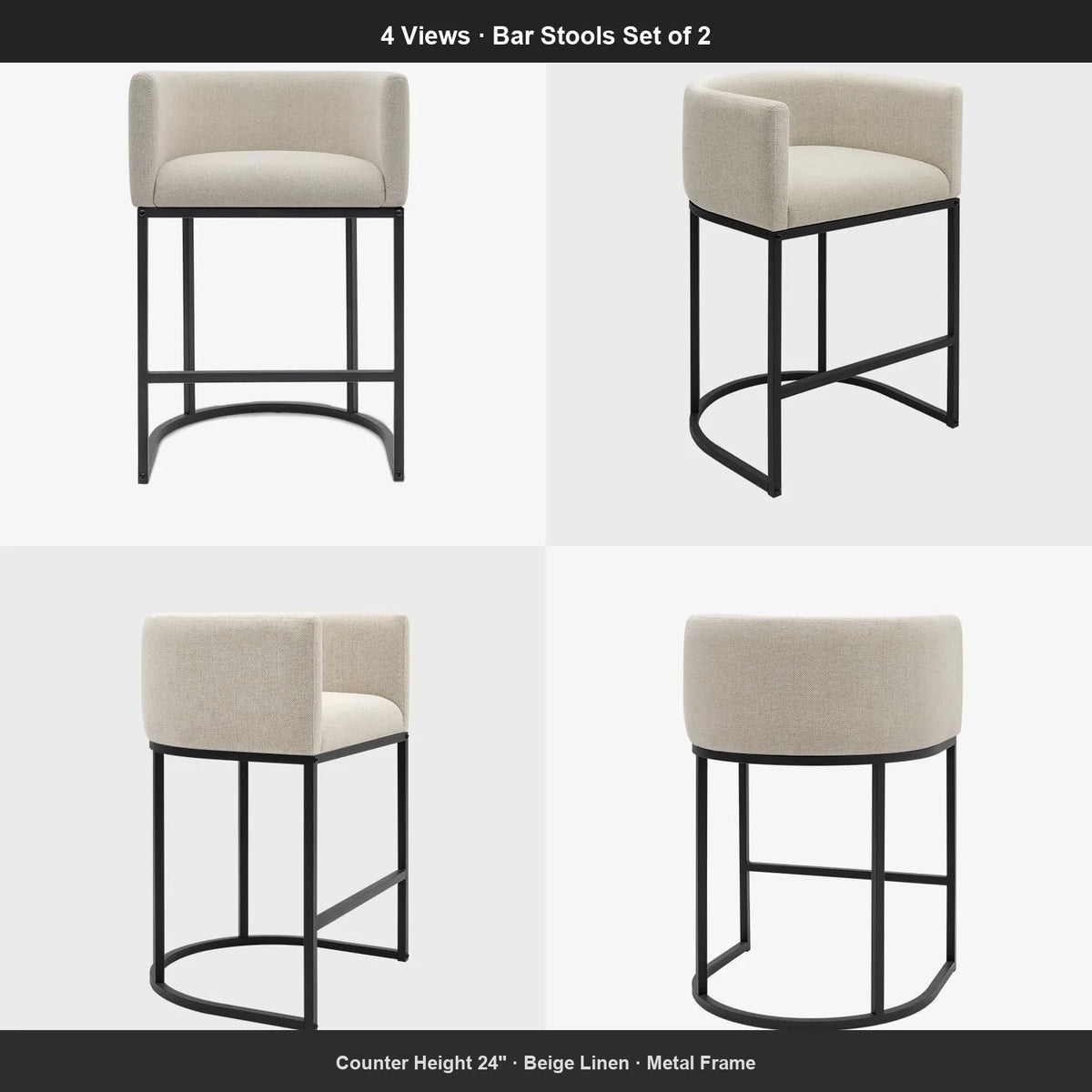 Counter Height Metal Linen Upholstered Low Back Bar Stools