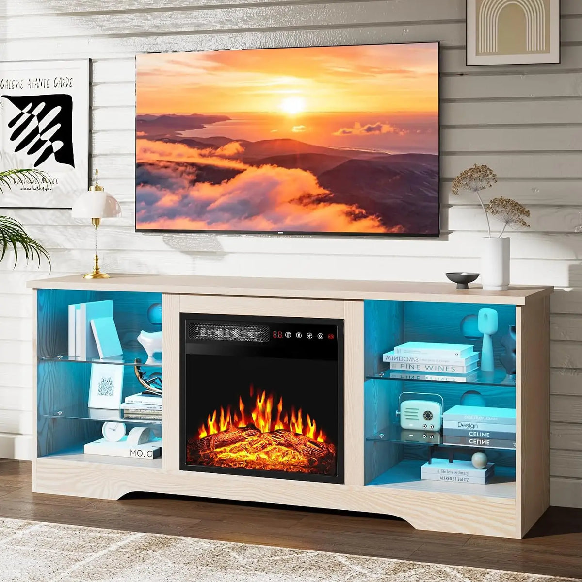 Fireplace TV Stand With Led Lights And Storage Entertainment Center