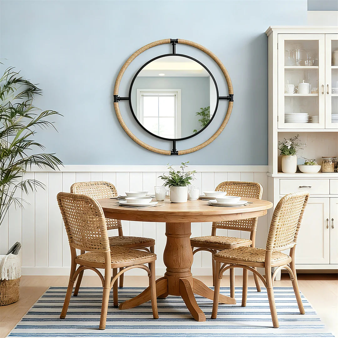 Nautical Round Wall Mirror with Rope Decorative Hanging Beach Living Room Coastal Theme Home Decor